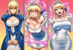 ahoge ai ai_art ai_generated artoria_pendragon ass ass_expansion belly big_ass big_breasts big_butt bimbo bimbo_body bimbo_lips bimbofication bimbofied blonde_female blonde_hair brain_drain brainwashed brainwashing breast_expansion breasts butt_expansion cleavage domestication dress dumb dumbification fate/grand_order fate/stay_night fate_(series) feminization forced_transformation girly girly_clothing green_eyes hip_expansion hips huge_breasts hypnosis hypnotic_eyes identity_death intelligence_drain intelligence_loss iq_loss king mental_transformation mind_control noblewoman ojou-sama ojou-sama_pose personality_change princess princess_dress princessification royal royalty saber simple_background textless tg_gelatin tiara transformation transformation_sequence white_body white_skin