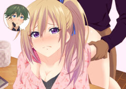 akage blonde_hair blue_eyes blush bottomless breasts cellphone cleavage dark_skin female green_hair ichijou_haruhiko kawakami_mai long_hair mole musaigen_no_phantom_world netorare open_mouth purple_eyes sex short_hair side_ponytail tears