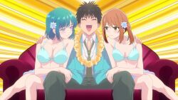1boy 2girls bare_legs bare_shoulders blue_bikini blue_hair blush brown_hair cleavage closed_eyes collarbone couch flower_in_hair hand_on_leg hand_on_shoulder large_breasts looking_at_another medium_breasts school_uniform short_hair sitting smiling string_bikini twintails