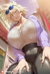 adult_female ai_generated ai_lustymilfs bakugou_mitsuki big_ass big_hips blonde_hair chubby curvy from_below huge_breasts jacket looking_at_viewer mature_female milf mitsuki_bakugou my_hero_academia pants shirt short_hair smile standing tagme tagme_(artist) thigh_highs wide_hips