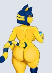 absurd_res animal_crossing ankha_(animal_crossing) anthro ass big_butt blue_hair cover cover_art cover_page felid feline female fur hair hi_res juice_(beverage) mammal markings nintendo purple_eyes simple_background solo tail tail_markings xandatzu yellow_body yellow_fur