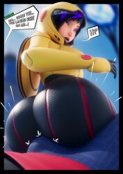 !! 1boy 1girls asian_female big_ass big_butt big_hero_6 blue_sky boner boner_in_pants bulge clothed clothing detailed_background drakepowers gogo_tomago marvel outside sitting_on_crotch sitting_on_lap text text_bubble wasabi-no-ginger