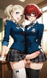 ai_generated ann_takamaki atlus blonde_hair blue_eyes futanari genderswap_(mtf) glasses joker_(persona) persona_5 red_eyes red_hair school_uniform sega