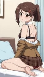 ai_generated back_view bed blush blushing_at_viewer blushing_female brown_hair cute cute_face kissxsis lingerie looking_at_viewer looking_back looking_over_shoulder red_hair school_uniform shirt_off sister suminoe_ako undressing waiting young younger_female