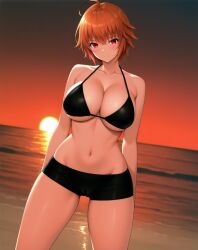 1girl ahoge ai-created ai_generated ane_to_osananajimi_wa_naka_ga_ii! bare_shoulders beach bikini bikini_shorts black_bikini black_shorts blush boyshorts breasts cameltoe cleavage closed_mouth collarbone cowboy_shot dutch_angle female halterneck horizon large_breasts looking_at_viewer navel ocean orange_hair orange_sky outdoors pixiv red_eyes rena_aikawa_(pixiv_user) short_hair short_shorts shorts sky smile solo stable_diffusion standing stomach sunset swimsuit takahashi_mitsuki thighs water