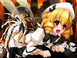 1insect bee blonde_hair clothing cum female hat insects larger_female larva luna_child open_mouth red_eyes saliva sex size_difference smaller_male tongue touhou touhou_sangetsusei wings zoophilia