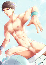 1boy abs brown_eyes brown_hair fudianshi haikyuu!! highres male_only net oikawa_tooru_(haikyuu!!) penis purple_eyes sky solo sun sweat volleyball volleyball_net wristband