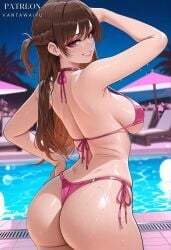 ai_generated arm_up artist_name ass back bare_arms bare_shoulders beach_chair bikini bikini_bottom blurry_background blush braid breasts brown_eyes brown_hair clothing fanbox_username female from_behind g-string grin halterneck hand_on_own_hip highleg_bikini kanojo_okarishimasu large_breasts long_hair looking_at_viewer looking_back mizuhara_chizuru night night_sky one_side_up outdoors patreon_username pink_bikini pink_swimsuit pool poolside side-tie_bikini_bottom side-tie_clothing side-tie_swimsuit sideboob sky smile solo standing strap_gap string_bikini swimsuit teeth thighs thong thong_bikini vantawaifu water wet