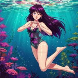 adult_swim ai_generated alluring athletic_female bikini bishoujo_senshi_sailor_moon bishoujo_senshi_sailor_moon_r bishoujo_senshi_sailor_moon_r_the_movie bishoujo_senshi_sailor_moon_s bishoujo_senshi_sailor_moon_s_the_movie bishoujo_senshi_sailor_moon_supers bishoujo_senshi_sailor_moon_supers_the_movie black_hair cleavage female heart_symbol medium_breasts one-piece_bikini purple_eyes rei_hino solo stark-astrea toei_animation toonami underwater viz_media wink