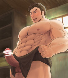 1boy 2014 abs atari_(artist) bakery bara blush brown_eyes brown_hair cum gay large_penis male male_focus male_only manboobs muscle muscles muscular muscular_male naughty_face pecs penis solo testicles topless undressing yaoi