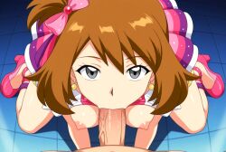 ai_generated blouse blowjob bows breasts brown_hair green_eyes haruka_(pokemon) idol may_(pokemon) may_(pokemon_oras) neckline neon_lights nightclub nipples pokemon pokemon_oras pov sexy sexy_body sexy_cleavage sexy_pose sexy_smile skirt things