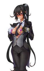 black_hair blue_eyes blush breasts butler color cyborg embarrassed female formal fuuma_amane long_hair necktie no_bra ponytail pussy_juice sex_toy shindou_l solo standing sweat tailcoat taimanin_asagi_battle_arena tied_hair vibrator wet