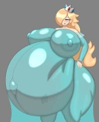 big_areola big_belly big_breasts big_nipples blonde_hair blue_dress bonkomi cream_hair crown dress embarrassed highres rosalina shy silver_crown simple_background smiling super_mario_galaxy transparent_clothing