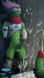 5_fingers abs anthro athletic athletic_male balls big_penis bodily_fluids cum cumshot ejaculation erection fingers genital_fluids genitals hi_res lizard looking_at_viewer male masturbation orgasm penile penile_masturbation penis recording reptile scalie solo spinner_(my_hero_academia) standing text todex tongue tongue_out url
