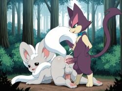nintendo pokemon chinchillid cinccino felid feline generation_5_pokemon mammal pokemon_(species) purrloin rodent absurd_res hi_res 3_fingers 3_toes all_fours anal anal_penetration animal_genitalia anthro anthro_on_anthro anthro_penetrated anthro_penetrating anthro_penetrating_anthro balls big_balls big_ears big_penis big_tail biped black_eyes black_sclera blush blush_lines bodily_fluids bowtie butt cum cum_in_ass cum_inside cum_on_balls cum_on_body cum_on_butt cum_on_penis duo eyelashes fangs feet fingers fluffy fluffy_tail forest fur genital_fluids genitals green_eyes grey_body grey_fur hand_on_hip holding_tail huge_penis knot long_tail looking_at_another looking_at_partner male male/male male_penetrated male_penetrating male_penetrating_male neck_tuft open_mouth open_smile outside_sex pawpads paws penetration penile_spines penis plant pointed_tail purple_body purple_fur sex sheath smile snout standing tail tan_body tan_fur teeth toes tree tuft white_body white_fur ai_generated yiff_ai_(director)