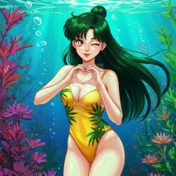 adult_swim ai_generated alluring athletic_female bikini bishoujo_senshi_sailor_moon bishoujo_senshi_sailor_moon_r bishoujo_senshi_sailor_moon_s bishoujo_senshi_sailor_moon_s_the_movie bishoujo_senshi_sailor_moon_supers bishoujo_senshi_sailor_moon_supers_the_movie cleavage crimson_eyes dark_green_hair female heart_symbol medium_breasts one-piece_bikini setsuna_meiou solo stark-astrea toei_animation toonami underwater viz_media wink