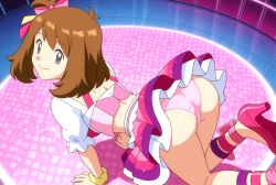 ai_generated ass blouse bows brown_hair green_eyes haruka_(pokemon) idol may_(pokemon) may_(pokemon_oras) neckline neon_lights nightclub panties pokemon pokemon_oras pov sexy sexy_body sexy_cleavage sexy_pose sexy_smile showing_ass skirt things