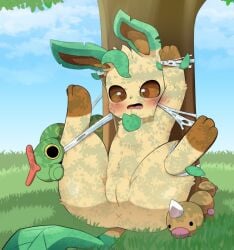 1girls asshole big_ears blush_lines blushing bondage brown_eyes caterpie caterpillar ears eeveelution feet female furry furry_only grass grass_field leaf leafeon legs_up mouth_open pokemon pussy sky solo solo_female sum suprised tree vagina web web_bondage weedle yellow_body yellow_fur
