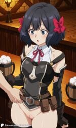 1boy 1girls ai_generated beer beer_mug bottomless breasts embarrassed encoder exhibitionism female hair_ornament holding indoors male male_hand medium_breasts mug nageki_no_bourei_wa_intai_shitai naked naked_female nude nude_female public public_exposure public_nudity pulling_clothing pussy short_hair table tavern tino_shade uncensored undressing vagina wide_hips