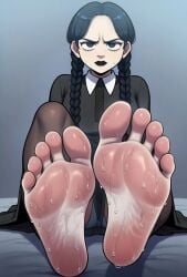 1girls ai_generated blackwhiplash_(imitation) brasil_louco feet feet_fetish feet_focus female female_only foot_fetish foot_focus looking_at_viewer seductive seductive_look simple_background soles soles_female solo solo_female solo_focus sweaty_feet tagme the_addams_family wednesday_addams