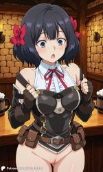 1girls ai_generated beer beer_mug bottomless breasts chair embarrassed encoder female hair_ornament indoors medium_breasts mug nageki_no_bourei_wa_intai_shitai naked naked_female nude nude_female public pussy short_hair table tavern tino_shade uncensored vagina wide_hips