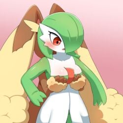 2girls anthro big_breasts big_ears blush blush_lines blushing boobs_hang breasts breasts_grabbing ears gardevoir gradient_background lopunny mouth_open pokemon pokemon_(species) red_eyes sum suprised yuri