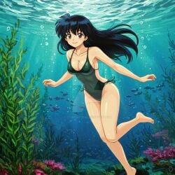 adult_swim ai_generated alluring bare_legs barefoot bikini black_hair brown_eyes female inuyasha kagome_higurashi medium_breasts one-piece_bikini solo stark-astrea toei_animation toonami underwater viz_media