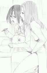 2girls blush bra breasts drooling female fingering gamma_(ogino_jun) glasses long_hair monochrome multiple_girls nipple_tweak nipples office open_mouth saliva shirt short_hair tears tongue tongue_out underwear yuri