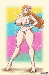 1girls areolae ass big_ass big_breasts big_butt bikini bikini_bottom bikini_top breasts clothing female female_only large_ass large_breasts light-skinned_female light_skin long_hair nami_(one_piece) one_piece one_piece_film_z orange-haired_female orange_hair post-timeskip rainbow_bikini riffsandskulls smile thick_thighs thighs thong wide_hips