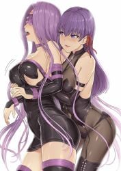 2girls big_breasts blindfold bondage clothed clothing collar fate/stay_night fate_(series) female female_only fondling fondling_breast hakaba_(dairiseki) latex long_hair matou_sakura matou_sakura_(deen_s&m) medusa_(fate) nipple_bulge purple_eyes purple_hair ribbon rider studio_deen yuri