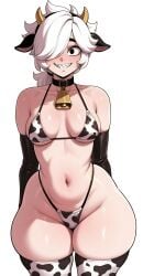 1girl 1girls ai_generated big_ass bikini black_eyes brawl_stars breasts choker colette_(brawl_stars) collar cow_ears cow_horns cow_print cow_print_bikini cowbell elbow_gloves female female_focus female_only front_view hair_over_one_eye hairband looking_at_viewer medium_breasts mrnails ponytail sharp_teeth solo solo_female thick_thighs thighhighs thighs thong white_background white_hair wide_hips