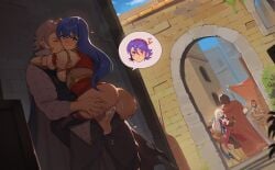 3girls 4boys absurdres against_wall alley anus anus_peek armor ass black_legwear blue_hair breasts caeda_(fire_emblem) cape caught cheating cheating_wife clothed_sex clothing commentary cum cum_in_pussy cum_inside drooling exhibitionism female fire_emblem fire_emblem:_mystery_of_the_emblem fire_emblem:_radiant_dawn fire_emblem_fates grey_hair grin highres hug implied_pregnancy impregnation in-franchise_crossover laslow_(fire_emblem) long_hair looking_back looking_down male medium_breasts micaiah_(fire_emblem) multiple_boys multiple_girls penetration penis princess public_indecency pussy royalty saliva saliva_trail scarf sex shade shoulder_armor smile soleil_(fire_emblem) spoken_character spread_legs stealth_sex straight symbol-only_commentary teenage_girl teenager timbocactus upright_straddle vaginal_penetration