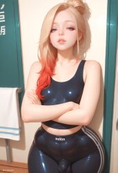 1femboy absurd_res ai_generated arms_crossed artist_name artist_upload big_ass big_butt black_clothing black_crop_top black_leggings black_pants blonde_hair blue_eyes bodily_fluids bubble_ass bubble_butt bulge clothing crop_top eyebrows eyelashes femboy femboy_only feminine feminine_body feminine_faced_male feminine_male genitals gradient_hair hair_bun hi_res indoor japanese_text leaking leaking_penis leggings long_hair looking_at_viewer male more_at_source newhalf no_underwear oiled_skin pale pale_body pale_skin pandora patreon patreon_username penis_bulge presenting self_upload sexy_body sexy_pose shiny shiny_clothes shiny_skin solo standing striped_leggings testicles_bulge thick_thighs thighs tight_clothing towel transgender uncensored watermark wide_hips