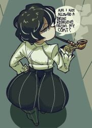 1girls ass ass_focus big_ass black_hair bottom_heavy bubble_butt clothing dialogue distortion_detective dotodonoto fat_ass female female_only gluteal_fold huge_ass large_ass limbus_company looking_at_viewer looking_back massive_ass moses_(distortion_detective) project_moon smoking solo talking_to_viewer text thick_ass thick_thighs thunder_thighs wide_hips