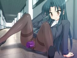 arm_support asaga_aoi black_hair black_legwear black_pantyhose black_skirt blush brown_eyes censored closed_mouth dildo female game_cg komizu_sari long_hair long_sleeves masturbation pantyhose pussy_juice sex_toy shiro_no_shoujo sitting skirt solo vibrator yukari_(studio)