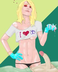 1girls blonde_hair castration castratrix cock_and_ball_torture crop_top eunuch exposed_testicle eyeshadow femdom genital_mutilation guro latex_gloves looking_at_viewer navel panties tank_top testicles underboob