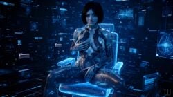1girls ai_assisted ai_generated blue_body blue_eyes blue_hair blue_skin breasts cortana female grabbing_own_breast halo_(series) highres hologram looking_at_viewer masturbation nipples nude_female patreon rubbing_breasts rubbing_pussy short_hair sitting_on_chair tripleize wallpaper watermark