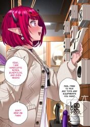 artist_logo black_bow black_choker black_horns blush bow buttons cardigan censored choker commentary dildo earrings english_commentary english_text female flower_earrings gag grey_cardigan hololive hololive_english horns irys_(casualrys)_(hololive) irys_(hololive) jewelry landacdeus logo mosaic_censoring multicolored_hair open_mouth pink_hair pink_nails pointy_ears purple_eyes red_hair ring_gag sex_toy solo speech_bubble streaked_hair virtual_youtuber