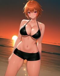 1girl ahoge ai-created ai_generated ane_to_osananajimi_wa_naka_ga_ii! ass_visible_through_thighs bare_shoulders beach bikini bikini_shorts black_bikini black_shorts blush boyshorts breasts cameltoe cleavage closed_mouth collarbone cowboy_shot dutch_angle female hair_between_eyes halterneck horizon large_breasts looking_at_viewer navel ocean orange_hair orange_sky outdoors pixiv red_eyes rena_aikawa_(pixiv_user) short_hair short_shorts shorts sky smile solo stable_diffusion standing stomach sunset swimsuit takahashi_mitsuki thighs water