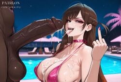 1boy after_fellatio ai_generated artist_name bangs bare_shoulders beach_chair bikini blurry_background blush braid breasts brown_eyes brown_hair choker cleavage clothed_female_nude_male clothing collarbone cum cum_in_mouth cum_on_body cum_on_breasts cum_on_hair cum_on_penis cum_on_tongue cum_string dark-skinned_male dark_skin erection facial female huge_breasts huge_cock interracial kanojo_okarishimasu large_breasts large_penis large_testicles long_fingernails long_hair looking_at_penis looking_at_viewer male middle_finger mizuhara_chizuru nail_polish netorare night night_sky open_mouth outdoors palm_tree patreon_username penis pink_bikini pink_choker pink_nails pool poolside semen semen_on_body semen_on_breasts semen_on_chest semen_on_upper_body sky smile solo_focus star_(sky) starry_sky straight swimsuit teeth testicles tongue tongue_out umbrella upper_body upper_teeth_only vantawaifu veins veiny_penis very_dark_skin water