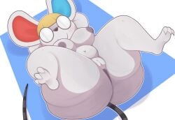 anthro anus ass behniis belly big_breasts big_butt big_ears breasts cellulite eyewear eyewear_only female fur glasses glasses_only hands_behind_head hi_res huge_butt huge_thighs looking_at_viewer lying mammal mouse murid murine nude nude_female on_back opaque_glasses overweight overweight_anthro overweight_female rodent round_glasses shortstack shortstack_female solo thick_thighs wearing_glasses white_body white_fur