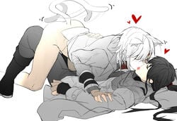 2boys allen_walker animal_ears black_hair bottomless cadsu cat_ears d.gray-man drooling femboy kanda_yuu kissing long_hair male_only multiple_boys short_hair simple_background straddling tail tattoo white_hair yaoi