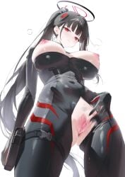 black_bodysuit black_hair black_halo blue_archive bodysuit breasts bright_pupils commentary female gun haku89 halo handgun highres holding holding_gun holding_weapon impossible_bodysuit impossible_clothes large_breasts latex latex_bodysuit long_hair looking_at_viewer multicolored_halo nipples official_alternate_costume official_alternate_hairstyle open_bodysuit open_clothes ponytail pussy pussy_juice red_eyes ringed_eyes rio_(armed)_(blue_archive) rio_(blue_archive) skin_tight solo spread_pussy two-tone_halo weapon white_background white_pupils