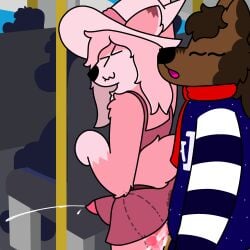 1:1 anthro balls big_penis bodily_fluids bottomwear brown_body brown_fur canid canine canis clothed clothing clothing_lift cum cum_in_ass cum_inside doug_polaris dougpolaris duo excessive_cum excessive_genital_fluids femboy fur genital_fluids genitals hi_res hot_dogging humanoid knot knotted_penis maiko_(klonoa0w0) male male/male mammal maned_wolf necktie penis pink_body pink_fur public public_sex public_transportation sex skirt skirt_lift stealth_sex sweater topwear wolf