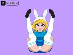 1girls adventure_time animal_hood ass backpack bag blonde_hair blue_shirt blue_skirt blue_sky blush breasts cartoon_network clothes_lift clothes_pull female fionna_and_cake fionna_campbell fionna_the_human_girl hi_res hood lake long_sleeves looking_at_viewer looking_back medium_breasts miztliart pussy rabbit_hood shirt skirt skirt_pull solo thighhighs uncensored upskirt white_panties white_thighhighs