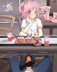 1boy 1boy1girl 1girls alternate_version_at_source alternate_version_available anon big_penis black_legwear black_thighhighs blue_pants blush cupcakes dialogue doki_doki_literature_club duo embarrassed erection feet feet_fetish feet_focus feet_on_penis female food foot_fetish foot_focus foot_play footjob footjob_pov footjob_under_table glass glass_of_juice glasses heart legwear liquid male male/female natsuki_(doki_doki_literature_club) open_mouth pants penis penis_out petite petite_body petite_female pink_eyes pink_hair poster pov pov_crotch pov_male sayori_(doki_doki_literature_club) short_hair slight_blush socks speech_bubble text text_bubble thighhighs uncensored under_the_table vaniste variant variant_set