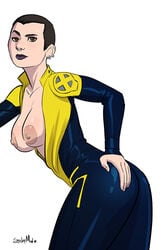 1girls ass athletic athletic_female black_eyebrows black_hair bodysuit breasts brown_eyes deadpool_(film) earrings ellie_phimister female female_only girl hand_on_butt hazel_eyes jewelry large_areolae large_breasts light-skinned_female light_skin lips marvel negasonic_teenage_warhead nipples open_clothes open_suit pierced_ears piercing piercings purple_lipstick short_hair skinny skinny_female skinny_girl skinny_waist solo stickymon suggestive_pose superheroine teenage_girl teenager x-men