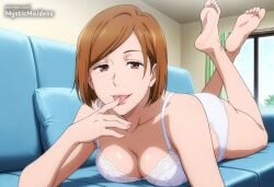 ai_generated anime anime_style ass barefoot bra breasts brown_eyes brown_hair cleavage collarbone couch feet feet_up female hentai hi_res indoors jujutsu_kaisen jujutsu_kaisen_0 kugisaki_nobara licking looking_at_viewer lying medium_breasts mystic_maidens nobara_kugisaki on_couch on_stomach panties patreon pillow short_hair smile soles solo the_pose toes tongue tongue_out underwear underwear_only white_bra white_panties window