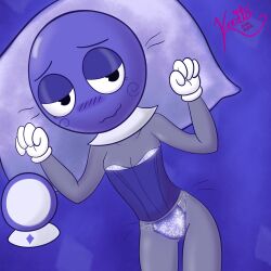 1other bedroom blush cartoony corset crystal_ball dandy's_world dandys_world dandys_world_oc gloved_hands kenitohhh laying_on_bed lingerie looking_at_viewer nonbinary oc pinup pubic_hair thong