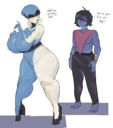 1boy 1boy1girl 2025 barefoot big_breasts big_thighs blue_body blue_lipstick bottomwear bottomwear_only breasts deltarune dialogue female glove hair_between_eyes heels high_heels huge_breasts huge_thighs koco_gi kris_(deltarune) large_breasts large_thighs legs lipstick mature_female milf older_female_and_younger_male open_mouth queen_(deltarune) robot robot_girl robot_humanoid short_hair standing thick_legs thick_thighs thighs twitter_link undertale_(series) voluptuous voluptuous_body voluptuous_female white_background younger_male